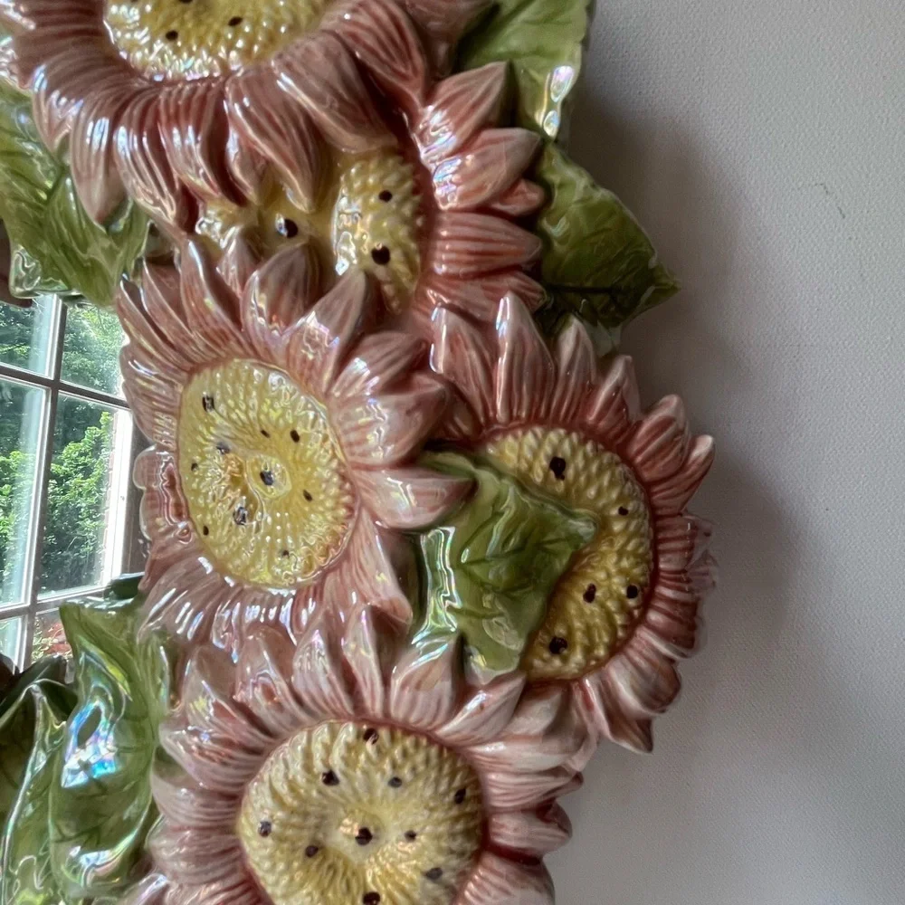 Floral Sunflower Wall Mirror - Pink and Green majolica ceramic artist mirror